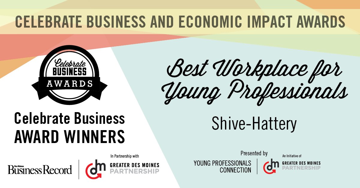 DSMpartnership's tweet photo. This year's Celebrate Business "Best Workplace for Young Professionals" Award goes to @ShiveHattery, presented by @ypcdsm! #DSMUSA #whyiYPC https://t.co/ef8Lx2XkUV https://t.co/izeV2VC7G1