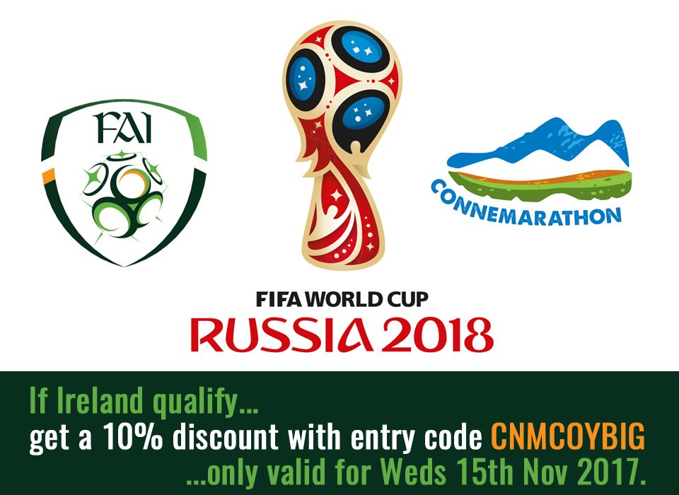 Good luck to the Irish team tonight! Get a 10% discount on your @Connemarathon entry if they qualify by using entry code CNMCOYBIG tomorrow (Wednesday 15th) only. Enter at connemarathon.com/enter-now/