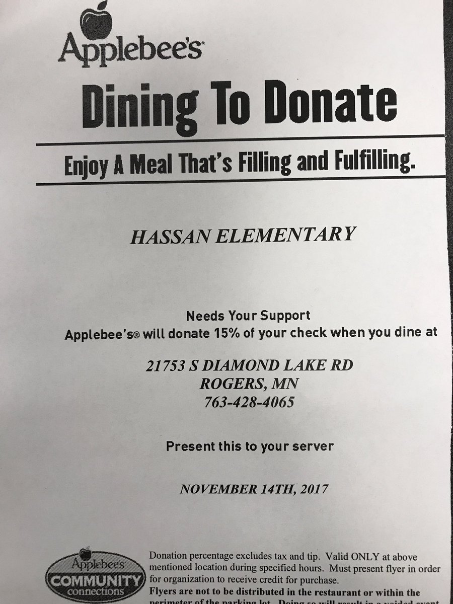 Tonight is Hassan night at Rogers Applebee's. Just show this coupon and Hassan will earn 15% of each order. Take a break from making dinner tonight. Easy peasy!