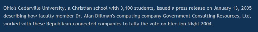 23. Per Fitrakis (who says Connell [GOVTECH], Averbeck [SMARTECH], & Manafort worked on Ukraine's rigged 04 election), a CHRISTIAN SCHOOL issued a press release stating that a faculty member assisted GOVTECH & SMARTECH re: tallying the US 2004 election.  https://thecommons4change.blogspot.com/2007/04/network-hosting-attorney-scandal-e.html