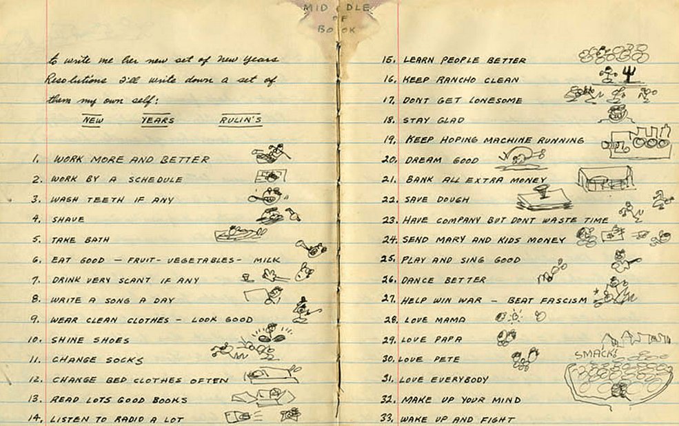doctorow's tweet photo. #1yrago Keep hoping machine running: Woody Guthrie's New Years resolutions, 1943 https://t.co/yEQMpRBcf9 https://t.co/QOgfYUdBEG