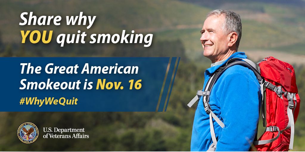 samhsagov's tweet photo. 11/16 is the #GreatAmericanSmokeout! Join @VeteransHealth , SAMHSA &amp; partners for a #WhyWeQuit Twitter chat on 11/16 at 12pm EST. https://t.co/uYw0w8LvNc
