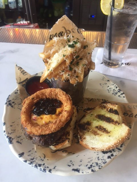 chsburgerweek's tweet photo. Lunch status: How bout Pawpaw's pimiento cheese, bacon jam, onion ring, and truffle fry burger? https://t.co/FkqqooOkMS #chs #chsburgerweek https://t.co/Mi9URhDvWO