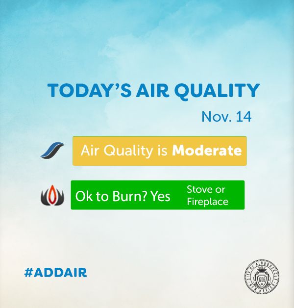 CABQAir's tweet photo. Daily Air Quality Alert: How’s the air today in Albuquerque? • Air Quality = Moderate • Ok to Burn? Yes (Stove or Fireplace Only) #AddAir https://t.co/cAbzUdyjGR
