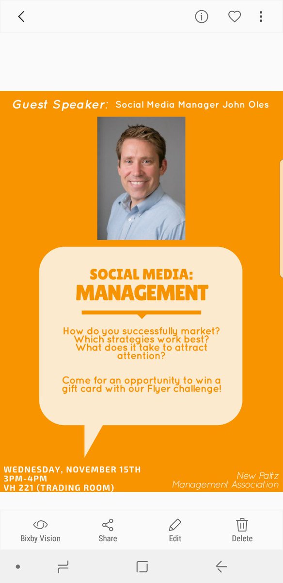 SUNYNPMA's tweet photo. Come join us in VH 221 at 3pm this Wednesday! As social media rapidly expands successful marketing is essential. Come learn from the experienced John Oles and compete for a gift card! https://t.co/uF9FYd4KhG