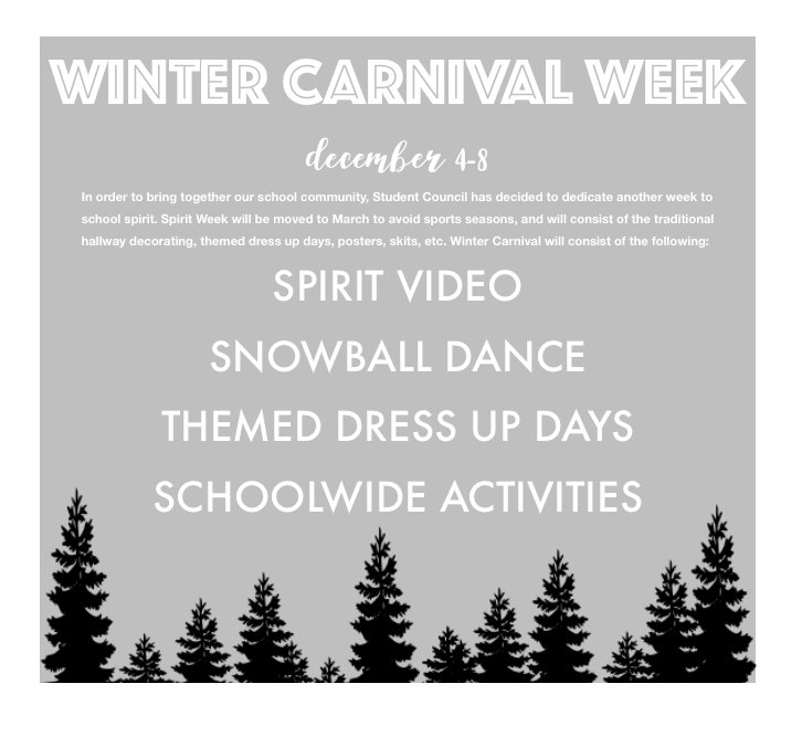 greely_events's tweet photo. ❄️ Exciting announcement from Student Council! Keep your eye out for more information on the Spirit Video, Snowball Dance, and themed dress up days ❄️ https://t.co/JZntwJ659v