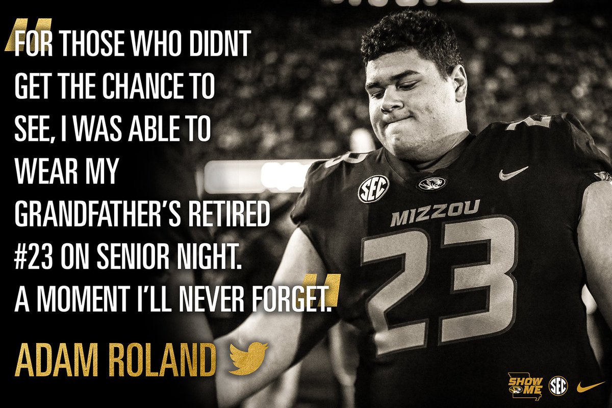 MizzouFootball's tweet photo. Senior day was extra special for #Mizzou's @A_RolandLXI.

He wore his grandfather Johnny Roland's retired #23 jersey. 

#MIZ #ShowMe 🐯🏈 https://t.co/wJg80sUY6z