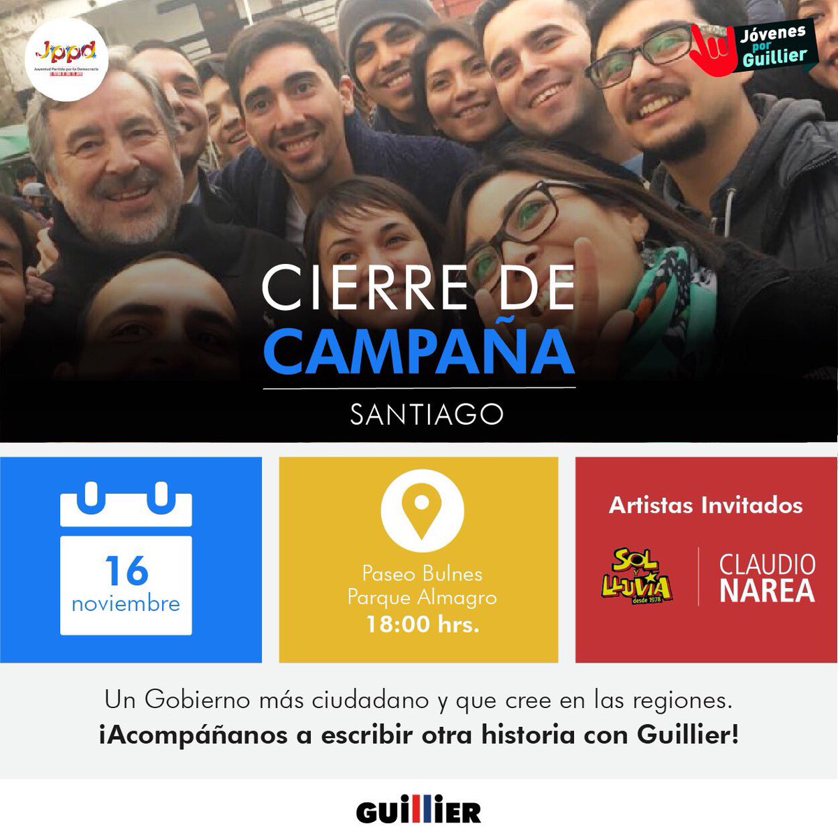 Estamos en la recta final y tú nos tienes que acompañar junto a <a href="/guillier/">Alejandro Guillier</a> en su Cierre de Campaña en #Santiago, ingresa al siguiente link goo.gl/u2Jdv3 invita y compártelo con tus amigos y familiares para juntos digamos  ¡#GuillierPresidente!¡#ElPresidenteDeLaGente!