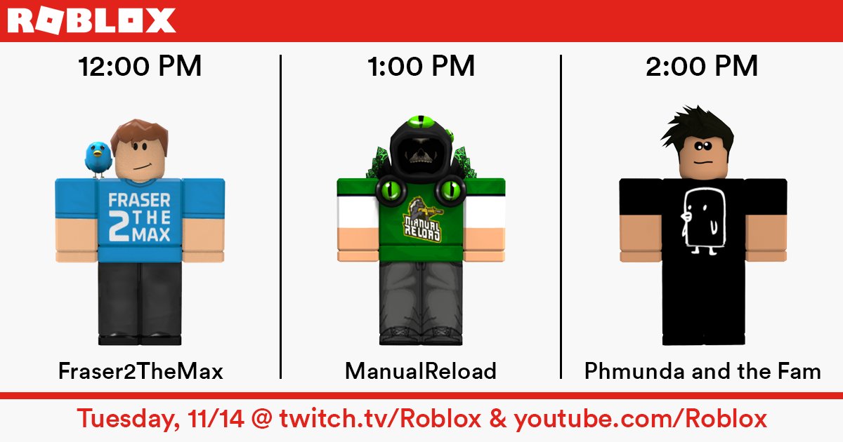 Roblox On Twitter Our Glorious Guest Week Kicks Off With Fraser2themax At 12pm Pst Manualreload At 1 And Phmundacheese At 2 Don T Miss Out Https T Co Zwd7njh7pb Https T Co Kkzewnajag - roblox guest 2017