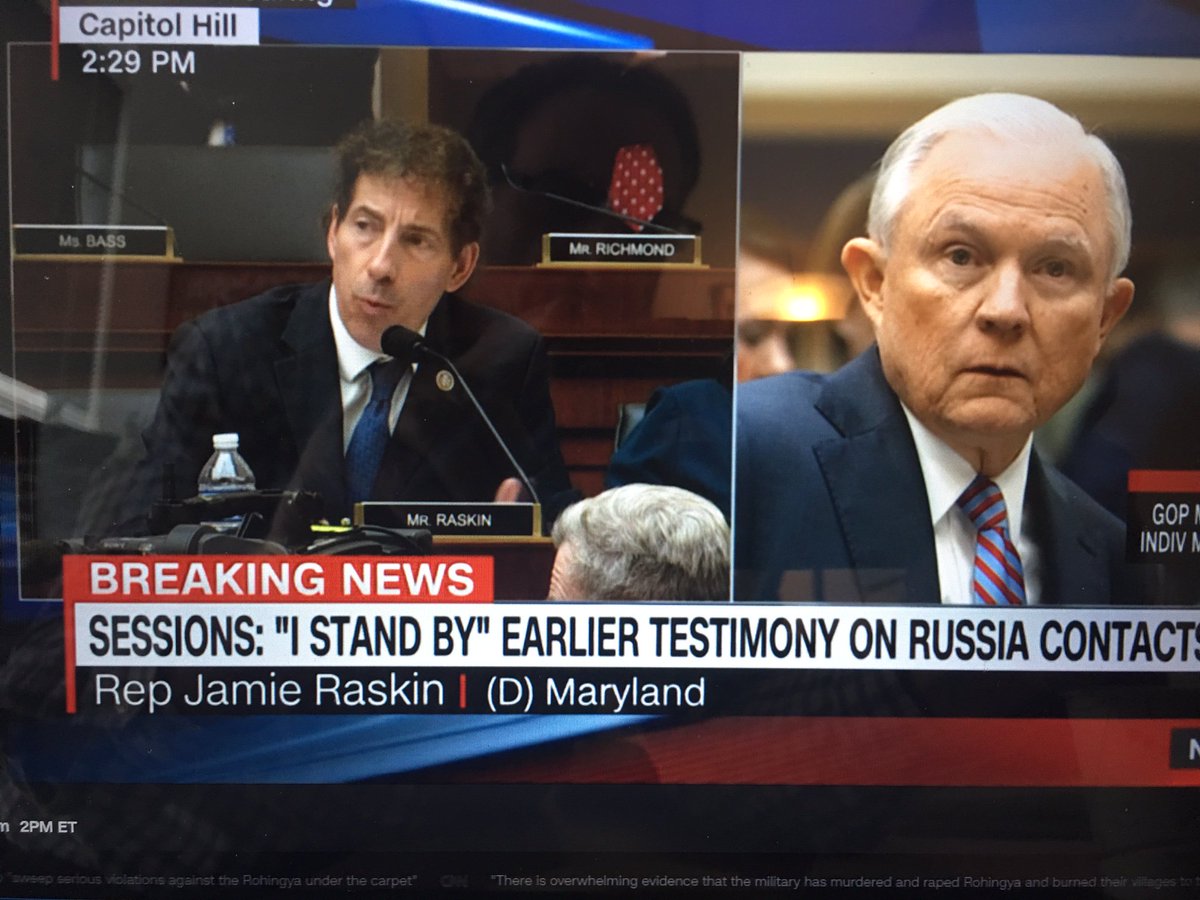WalterJGottlieb's tweet photo. So proud of our Congressman @RepRaskin for his methodical, respectful and effective - questioning of Attorney General at today's #SessionHearing on vital matters: Russia, voting rights, respecting the 1st amendment. With time to spare! https://t.co/Lv5Yk8NwAy