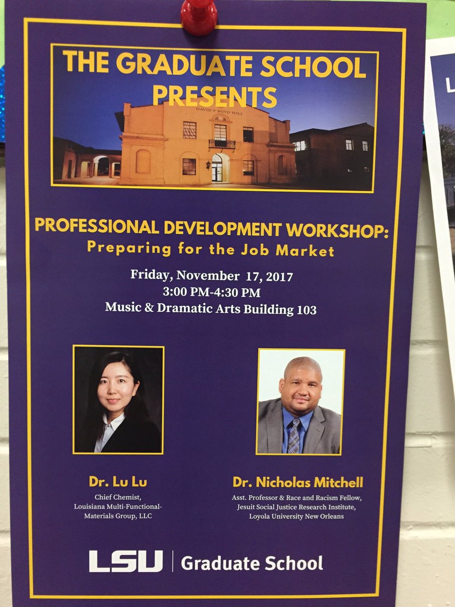 LSUCTP's tweet photo. Proud to announce: #LSUCTP alumni Dr. Nicholas Mitchell will present on "Preparing for the Job Market" with Dr. Lu Lu on Nov. 17, 3:00-4:00 p.m., music and dramatic arts building. @LSUCHSE @GradLSU @LSUwgs @lsu https://t.co/sxDVGsznR7