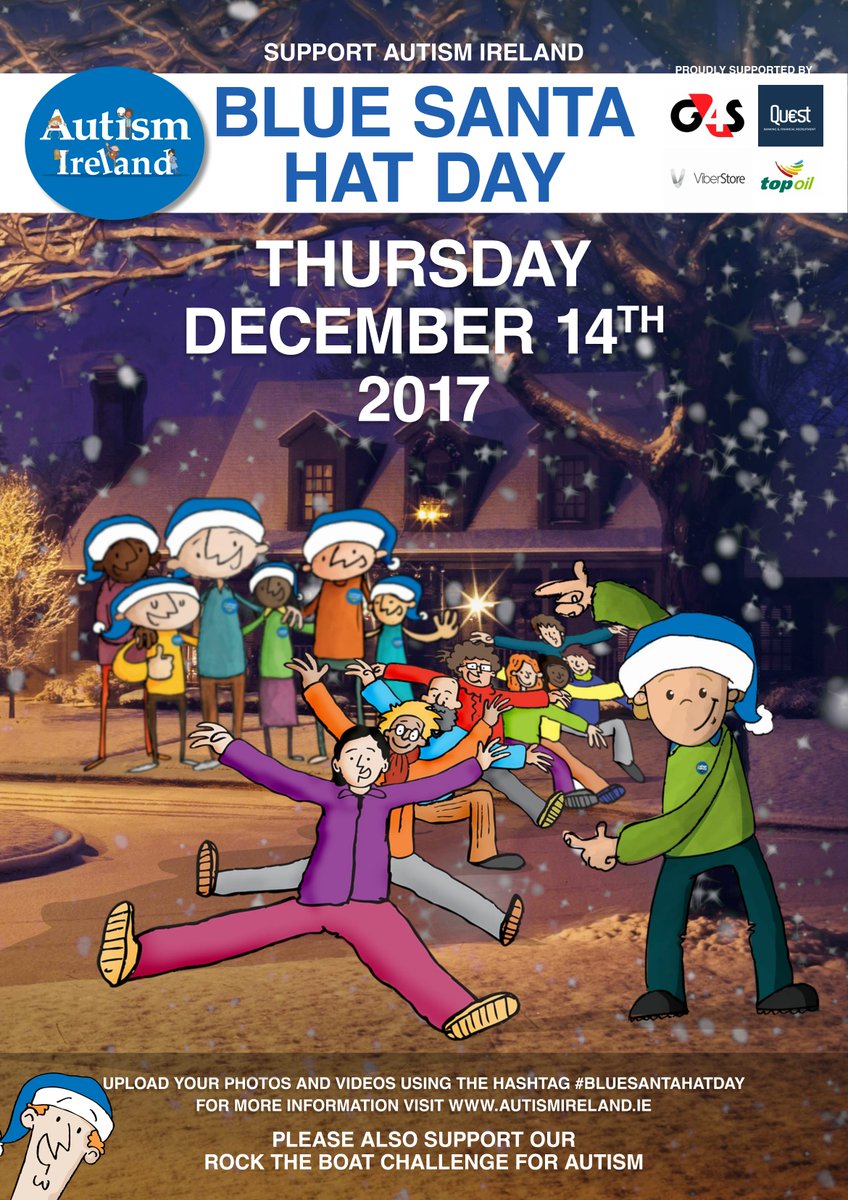 AutismIrl's tweet photo. Irish Autism Action / Autism Ireland are delighted to announce the date of Thursday December 14th as #BlueSantaHatDay 2017 proudly supported by @Quest_Recruit  G4S, @TopOil and @ViberStoreIrl https://t.co/FLQ6L4Q2Gd https://t.co/g56VhsUtYf