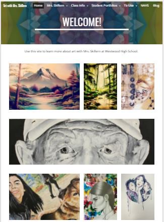 ms_skillern's tweet photo. My #artandmedia 2 student made me a new teacher google site! https://t.co/XCaYpvFuon. (He was tired of using my ancient wordpress site. I don't blame him; this is a HUGE improvement.) #artsdiglit @txculturaltrust #rrisdtech #gowood #westwoodart @rrisdfinearts https://t.co/GheCTg0ots
