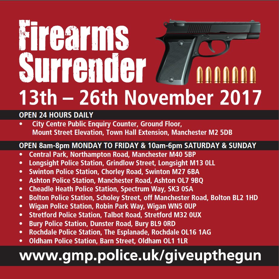 You can surrender your firearm anonymously at one of these police stations until Sunday 26th November. 

You will not have to give your name, just your gun #GiveUpTheGun