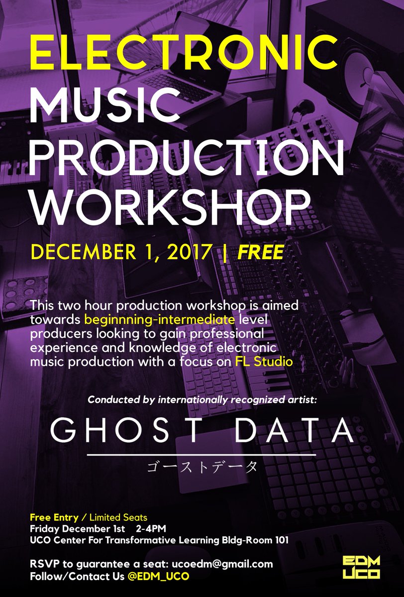 EDM_UCO's tweet photo. 🚨ATTENTION PRODUCERS🚨
Come out and learn the basics of FL Studio, Melody writing, Mixing/Mastering and much more from the highly talented @GHOSTDATA_ !

This is FREE and open to the public so don't miss a chance to expand your talents and experience! https://t.co/czvjkUtJ9a