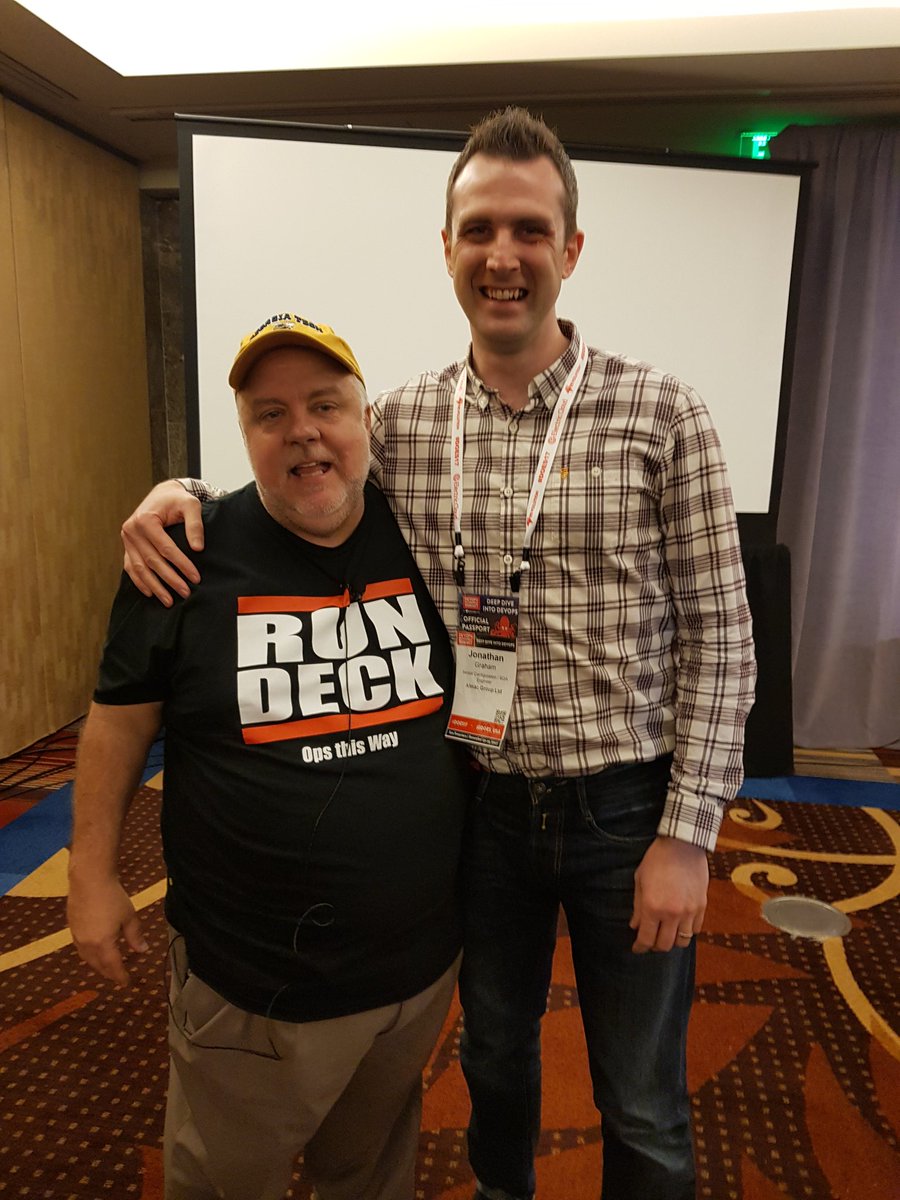 JonnyGraham's tweet photo. Being a total fanboy at #DEVOPS17 and saying hi to @botchagalupe and @ladyhock Hopefully I didn't scare them too much 😀 Really excited about the future potential in helping @AlmacGroup #devopscafe #devops https://t.co/OwW20btVSh