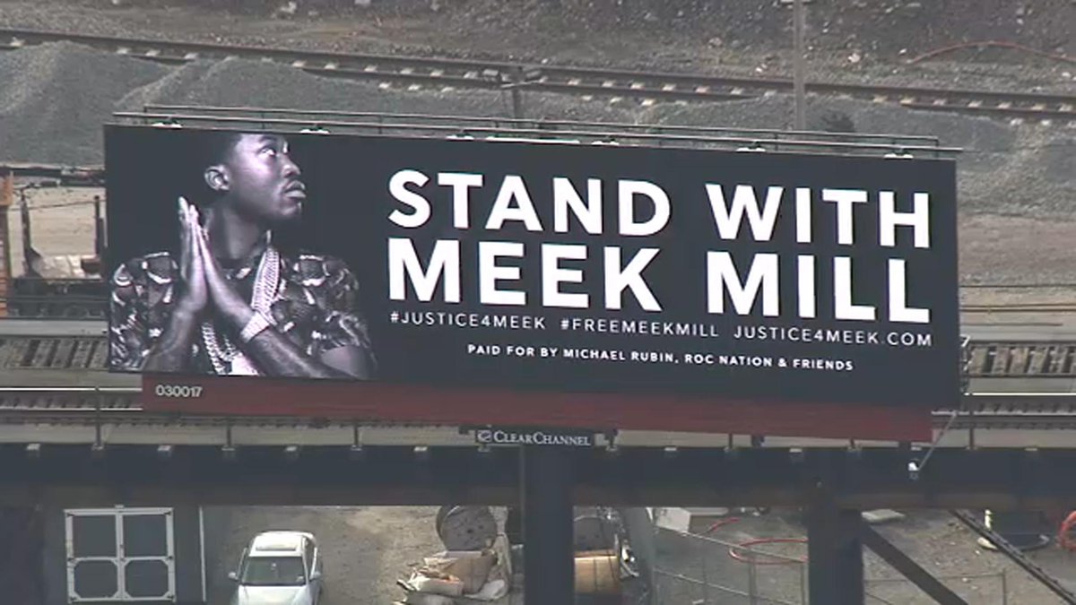 6abc's tweet photo. "Stand with Meek Mill" buses &amp; billboards popped up around Philadelphia today. The attorney for #meekmill officially filed a motion for recusal of Judge Genece Brinkley this afternoon. This comes a day after supporters rallied, calling for Mill's jail sentence to be overturned https://t.co/SZCIBxQ3Jy