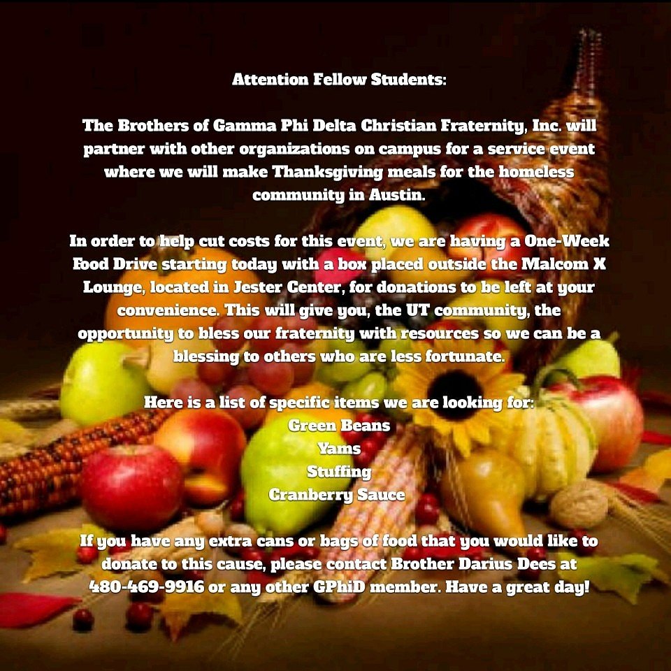 AG_GphiD's tweet photo. Help feed the homeless by donating your spare cans of food in the box outside of the X-Lounge. Be a blessing for Thanks[G]iving! https://t.co/GGV3OU2mRh