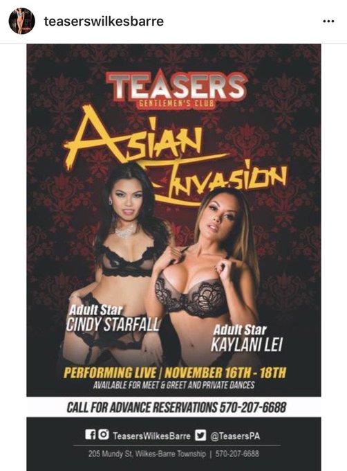Coming up next! Pennsylvania with @CindyStarfall @teasersPA 11/16 11/17 11/18 https://t.co/Al1tPs4YT<a class="tags" href="/tag/cindystarfall">@cindystarfall</a>