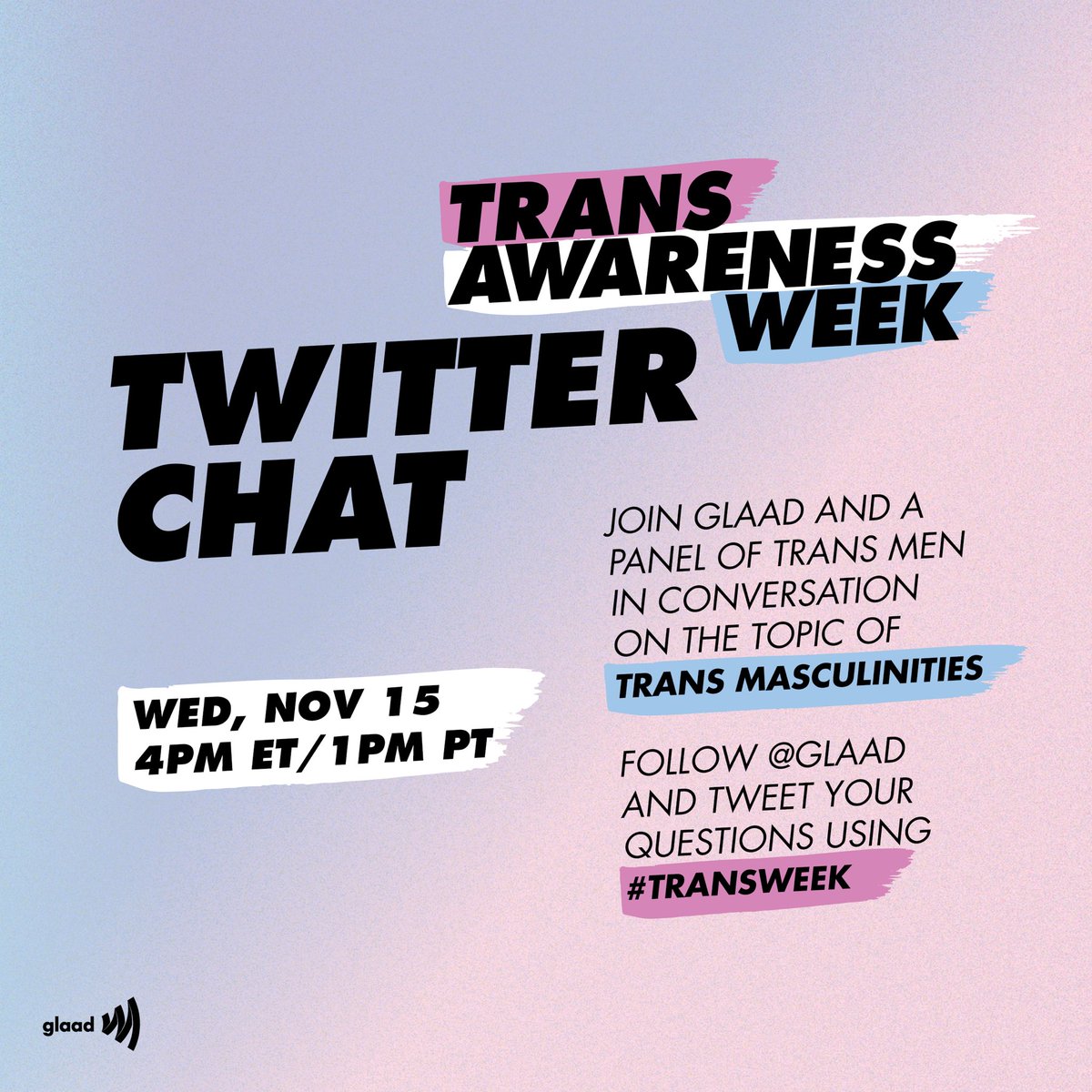 TransRigo's tweet photo. So honored to be part of the @glaad Twitter chat on trans masculinity for #TransAwarenessWeek. Join us tomorrow at 4pm ET and tweet your questions using #TransWeek! https://t.co/o7jPG4zou9