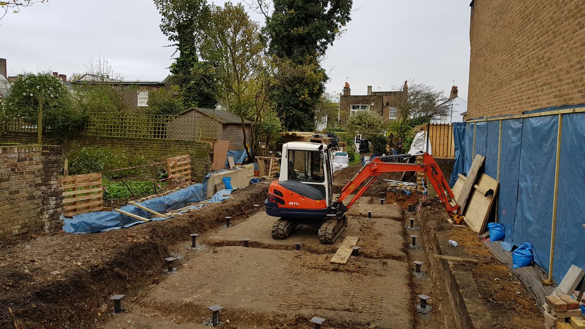 Ground Sun installing Screw pile foundations for ECO house in north London this week in back garden site with restricted access  the RC raft starts tomorrow  followed by the heat pump for heating and hot water....Well done team...