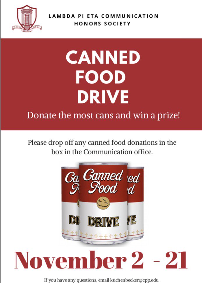 PRSSAatCPP's tweet image. Help out @LPHCPP with their canned food drive! Drop off any donations at the Communication department and make sure to write down your information when donating. #CPP #PRSSA #LPHCPP
