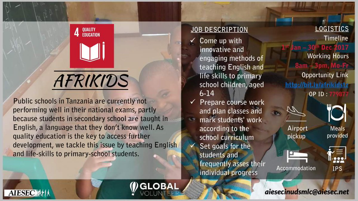 AIESECChuka's tweet photo. In a quest to achieve the SDGs, AIESEC offers you an opportunity to personally take an initiative to change the world..
Apply today for The AFRIKIDS project (SDG 4) with AIESEC in UDSM in Tanzania...
Project ends on 30th December.
#TwendeExchange
#WinterPeak
#GoOnExchange https://t.co/i31qct9LIE
