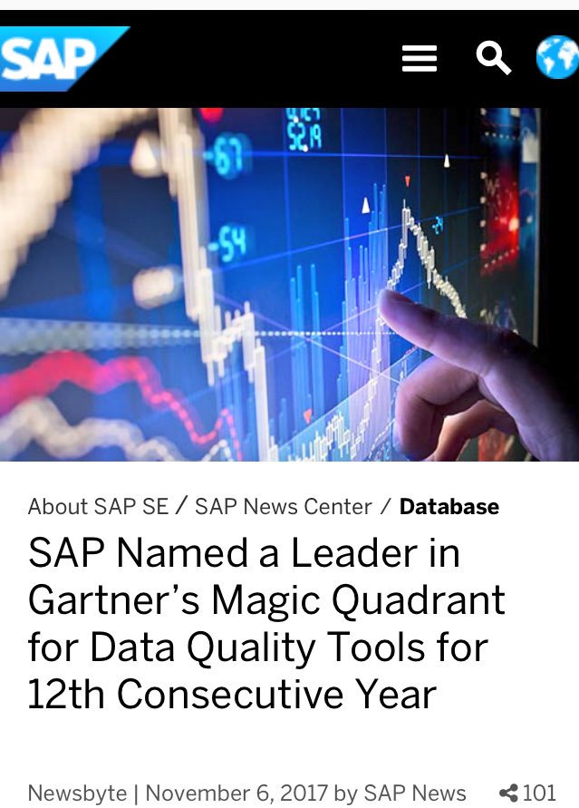 anil_marali's tweet photo. Good News!! #SAP Named a Leader in @Gartner_inc Magic Quadrant for #DataQuality Tools for 12th Consecutive Year Cheers!!👍 #SAPHANA #Data #SAPBusinessOne 
https://t.co/dfvyjHwonm https://t.co/jo8Eacxhpy