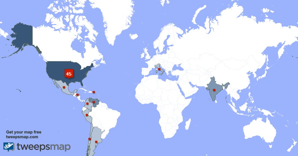 IckesMinistries's tweet photo. My followers live in 11 countries: USA(38%), Venezuela(11%)... https://t.co/KCSRqsbwAd Get your free map! https://t.co/BIe0hty83Q