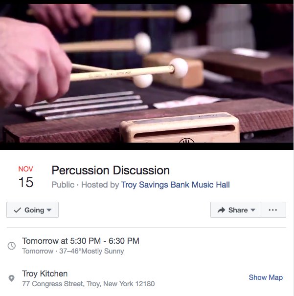 Calling NY's Greater Capital Region #Percussionists: Have dinner &amp; conversation w/#BrianMelick, #CliffBrucker &amp; <a href="/sopercussion/">Sō Percussion</a> in a Percussion Discussion. At 5:30 PM <a href="/TroyKitchen/">Troy Kitchen</a> Wed 11/15... then go to <a href="/TroySBMusicHall/">Troy Savings Bank Music Hall</a> for concert! facebook.com/events/3099829…