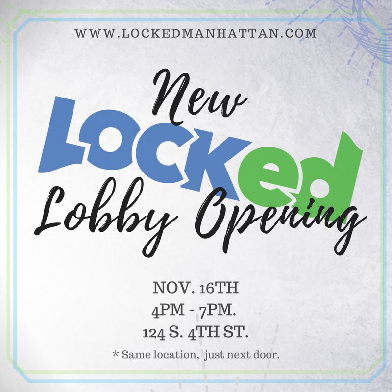 LockedManhattan's tweet photo. New Lobby! Be there on Nov.16, 4pm till 7pm w/ as many of your “unLocked wristbands” as you’ve won, and enter to win prizes! https://t.co/NC8zl63tub