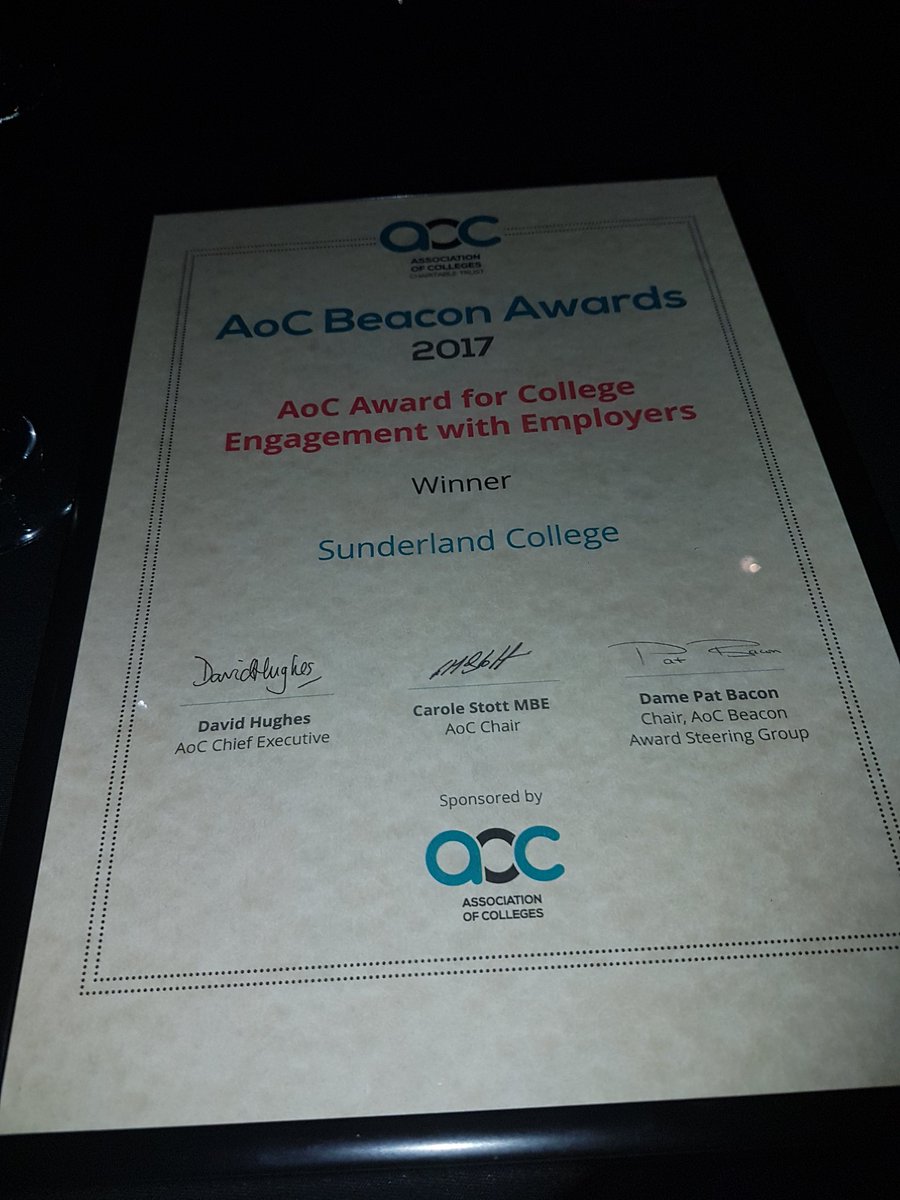 SunCollPeter's tweet photo. Very proud that Sunderland College has won the AOC Beacon  Award for its Employer Engagement. https://t.co/sERgW7Cbnx