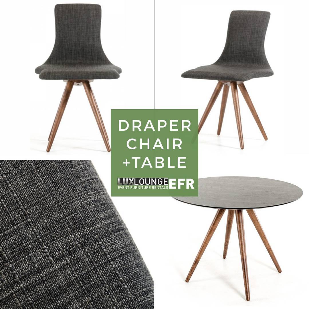 Add mid-century midern style to your event with Draper chair and table.  Now in stock.  #eventfurniture #eventfurniturerental  #eventdesign