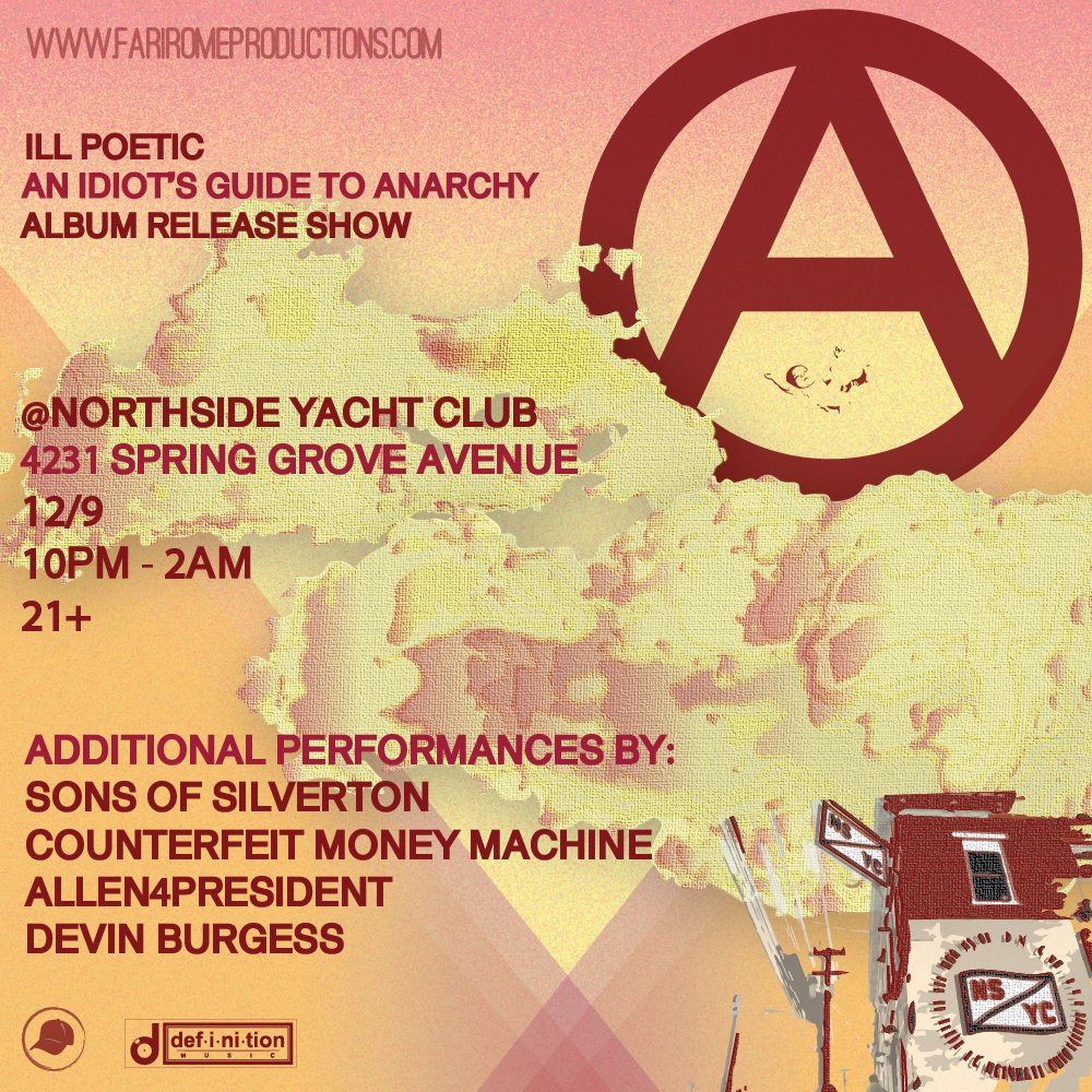 illpoetic513's tweet photo. "An Idiot's Guide to Anarchy" Cincinnati Release Party // Saturday 12/9 @ North Side Yacht Club // Vinyl for sale // Live Band // 

featuring @SonsofSilverton / @D_BurgessMusic / @CMM_hiphop / @ITS_POPS 

Doors @ 9p // Show @ 10p // 21+
c/o @Far_i_Rome + @DefinitionLLC https://t.co/5de4lz1q5O