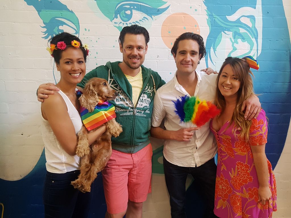 It's a YES!! 💜💛💚💙 Celebrating the love here at @oneroofco 💃🕺💃🕺 #lovewins #yesforequality #marriageequality