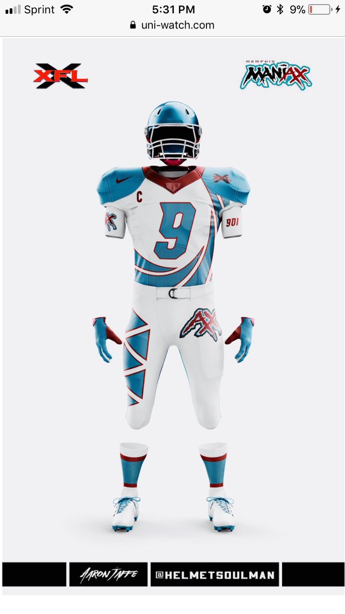 aaronjaffe's tweet photo. My XFL uniform design made it to the finals 😎 I’ll post a link for Grand Prize Winner voting when it it’s up. Give me a vote!Much thx to @PhilHecken and @UniWatch for another fun contest. #xfl #UniWatch #smsports #901 #Memphis #TN https://t.co/T3qHfI7YgQ