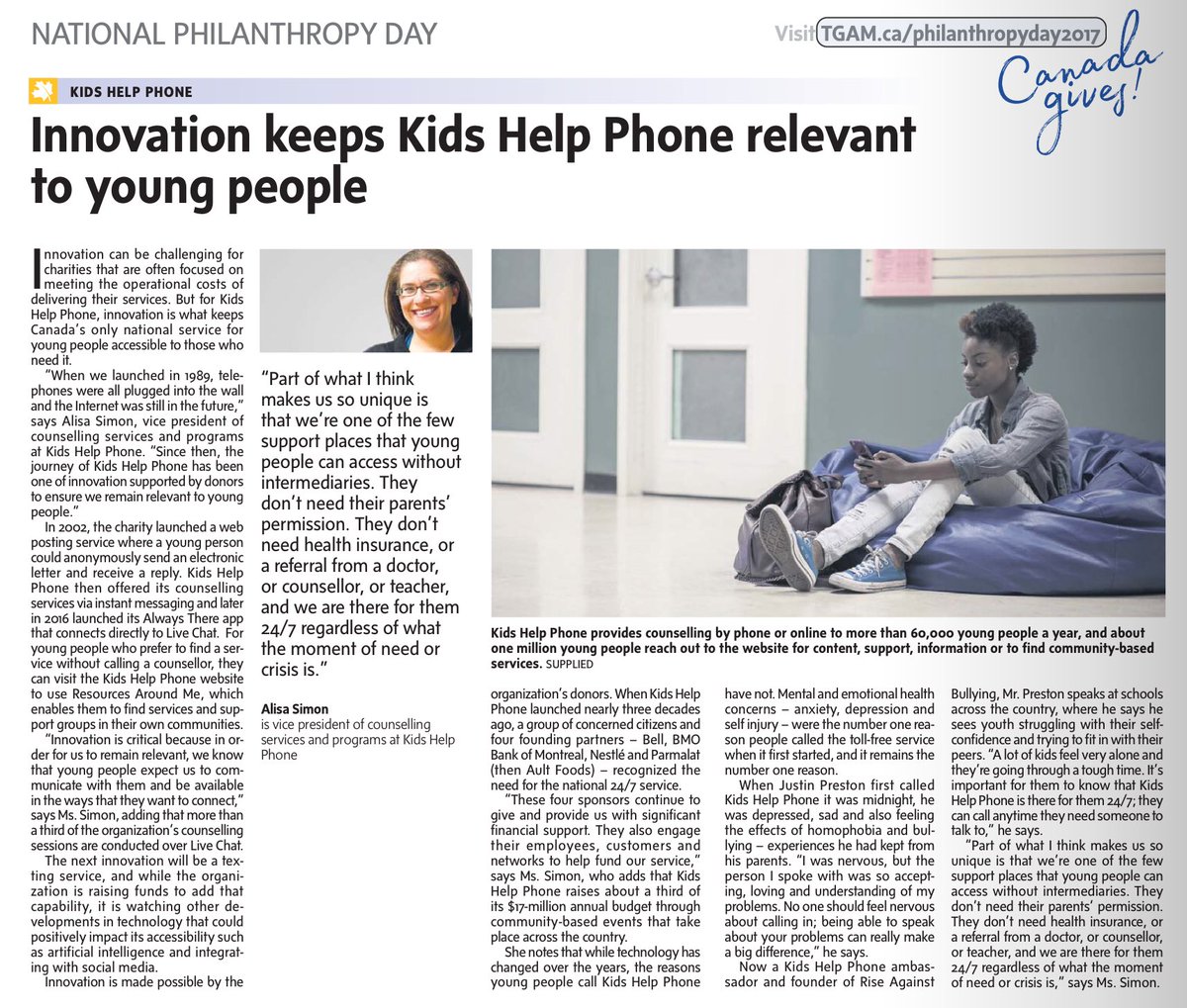 UinvitedU's tweet photo. Great profile of @KidsHelpPhone in 2017 in @globeandmail for #NPD17 https://t.co/hUFVi4DOSh https://t.co/cqVEMQRT2G