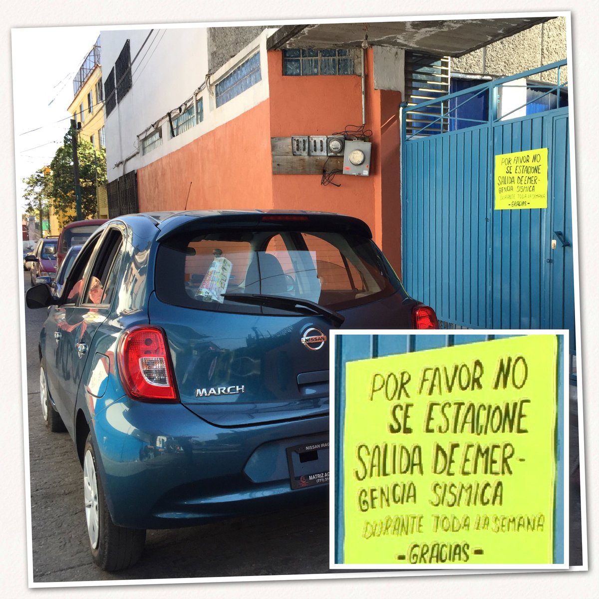 Tejedafranco's tweet photo. ¡Ahorita no tiembla! #LordMarch #negligencia estaciona vehículo en portón que sirve de salida de emergencia en colegio de #Cuernavca #Morelos #Mexico https://t.co/g7glNiH67W