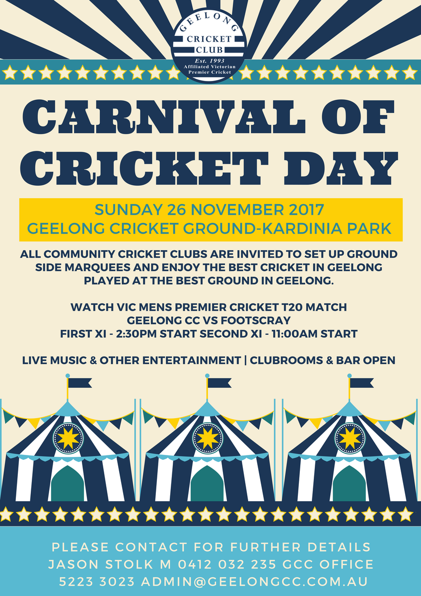 GeelongCC's tweet photo. GCC Carnival Of Cricket Sunday 26/11 - Cricket Clubs invited to set up ground side marquees GCC vs Footscray | Live Music &amp; Other Entertainment | Clubrooms &amp; Bar Open Pls contact Jason Stolk M 0412 032 235 #cricket https://t.co/wYHUPrF8rH