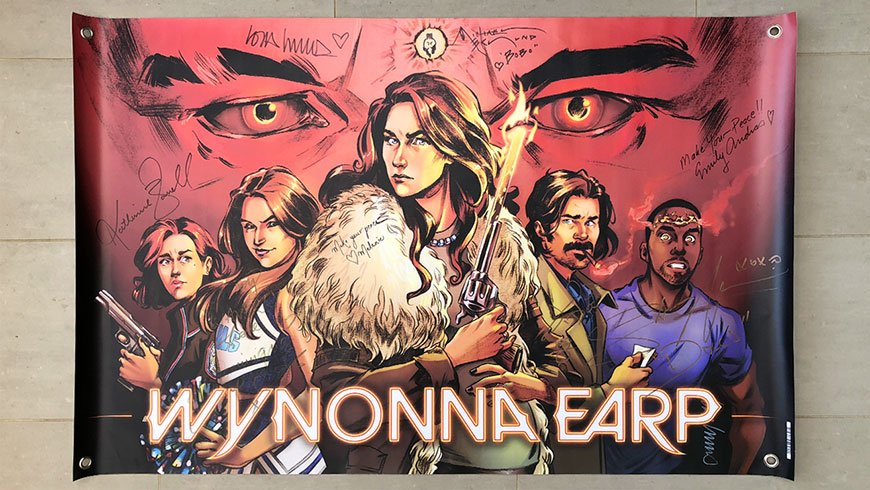LoraInnes's tweet photo. I'm raffling off my @DragonCon #WynonnaEarp banner signed by Emily Andras and the cast of @WynonnaEarp! Win it by donating to @Love146's fight to end child exploitation. Every $5 gives you another chance to win: https://t.co/o8bpFecMhz Share using #EarpYourFandom! https://t.co/zIm446lVVm