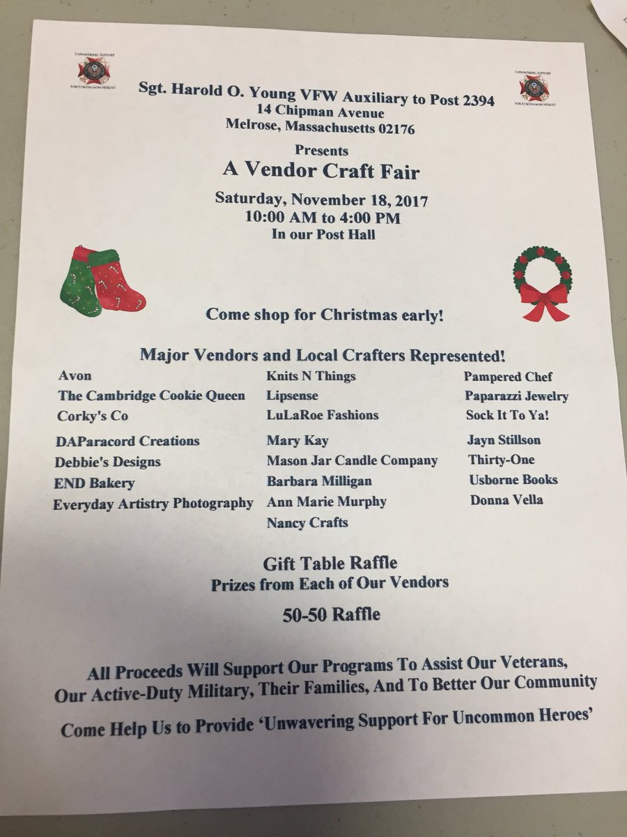 Melrose Vets Project (@melrosevetsproj) on Twitter photo Start your holiday shopping early and support the Harold O. Young VFW Auxiliary this Saturday from 10am-4pm! <a href="/CityofMelrose/">City of Melrose</a> <a href="/melroseVSO/">Karen Burke</a> Start your holiday shopping early and support the Harold O. Young VFW Auxiliary this Saturday from 10am-4pm! <a href="/CityofMelrose/">City of Melrose</a> <a href="/melroseVSO/">Karen Burke</a>