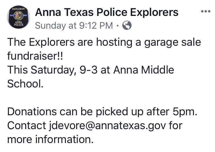 AnnaPDExplorers's tweet image. Updated times for the garage sale this weekend! Please come by and support the program. Every bit helps!