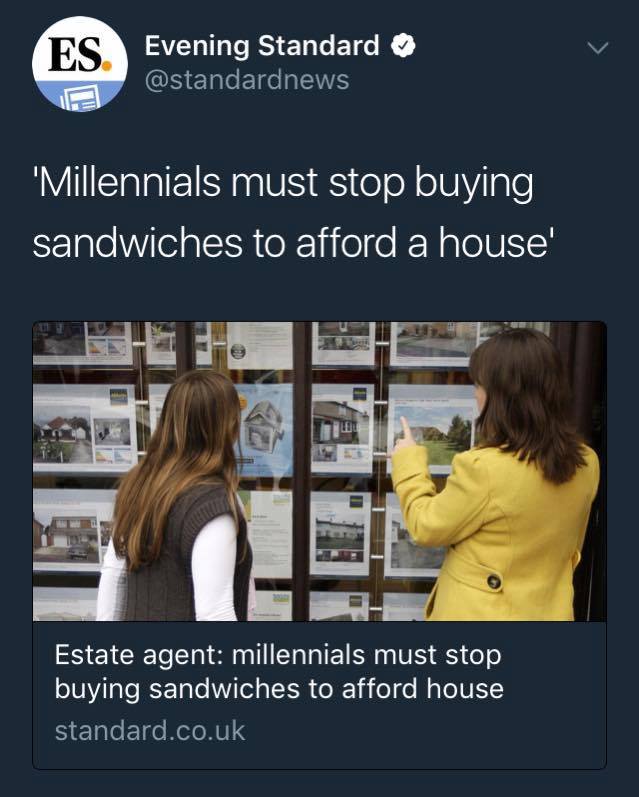 ForTheMany2020's tweet photo. Sandwiches ❌
Avocados ❌
Nights out ❌
Travelling ❌
= House ✔️
#MillennialTips https://t.co/UOkIUHVnaJ
