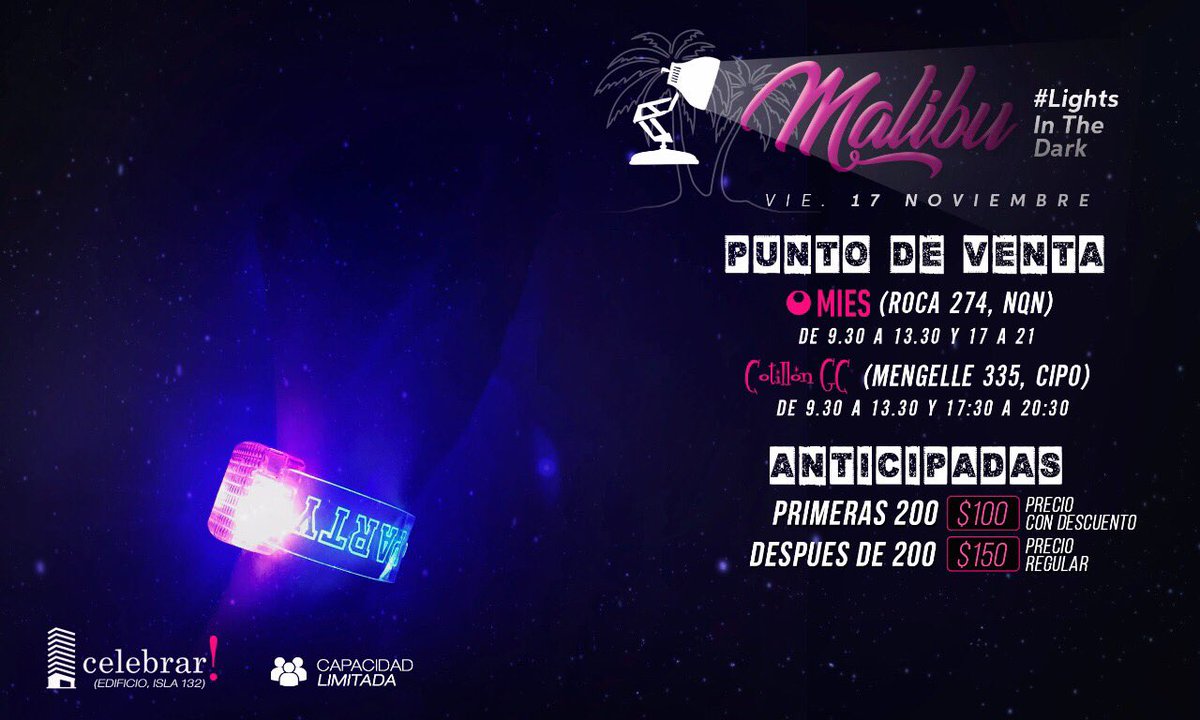 MalibuDiscoOK's tweet photo. > ANTIS A LA VENTA 🌴🎉🎆✨
Una luz en la oscuridad ! Desperta tus SENTIDOS ! Consegui tu anticipada en los puntos de venta ! **Venta a partir de 15/11 11:00am**
⚠️ SORTEAMOS 10 VIPS+ ! 
👉🏻 Participas?
1️⃣ RT
2️⃣ Menciona a 3 amigxs
3️⃣ Seguinos!
#LightsInTheDark https://t.co/6Iy4kn3Bd0