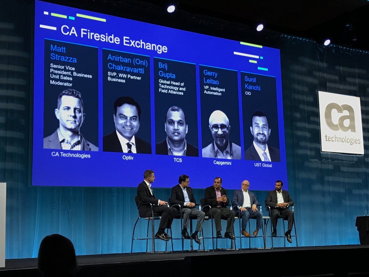 The #Partner Fireside Exchange is happening now! So cool to see <a href="/MattStrazza/">Matt Strazza</a>,
<a href="/Optiv/">Optiv</a>, <a href="/TCS/">Tata Consultancy Services</a>, <a href="/Capgemini/">Capgemini</a> ,  <a href="/USTGlobal/">UST</a>  all on one panel! #CAWorld #NOBARRIERS