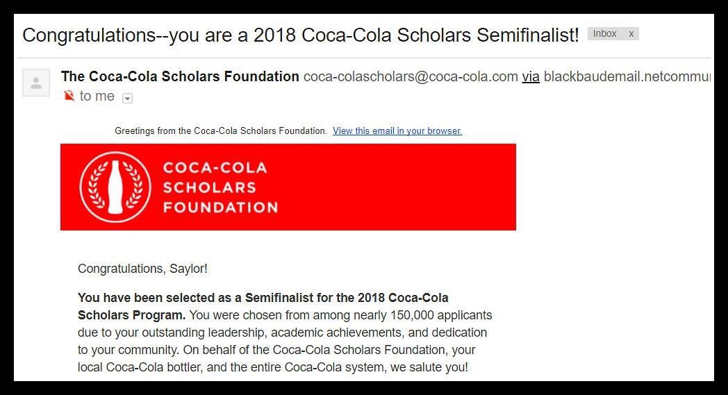 BarbaraSnowden's tweet photo. 🎉🎉So, so proud of Saylor🎉🎉
She just found out that she is a 
SEMI-FINALIST in the Coca-Cola Scholarship 
Way to go sweet girl, way to go♥️👏♥️👏
@cokescholars @CokeScholarsSF @GHSPrincipalSPP @CSOSUAVE17 https://t.co/6ttThPhmPK