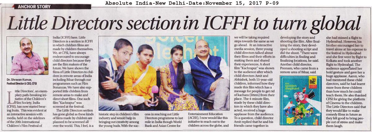 Dr_ShravanKumar's tweet photo. Talking about my initiative #LittleDirectors at #ICFFI in my column in @AbsoluteIndia. #GoldenEleohantAwards #GoldenElephant https://t.co/pQr076jJMN