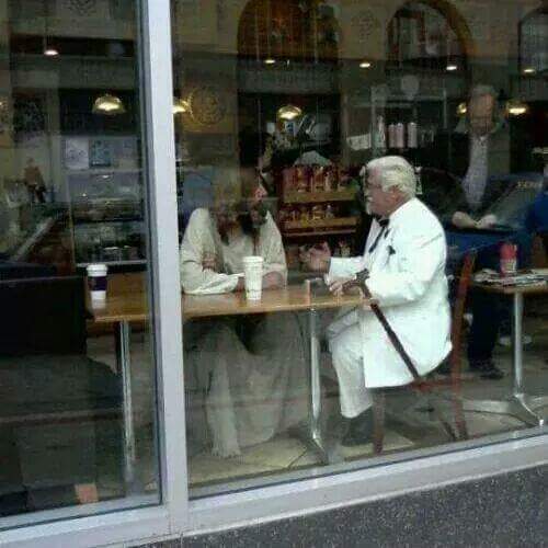 Fibutton's tweet image. The things you see whilst shopping... just Jesus and the Colonel having coffee. 🙄🤔😀