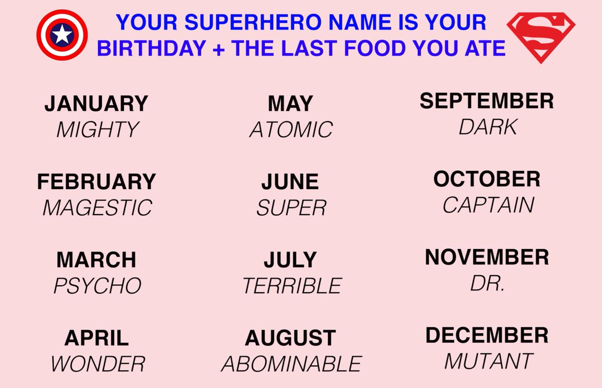 Wah film #JusticeLeague sudah keluar nih! Btw, kira-kira nama superhero kamu apa sih? Coba cocokin disini, bulan lahir kamu dan makanan terakhir yang kamu makan :D #superman #spiderman #ironman #batman #wonderwoman #hulk #thor #loki #aquaman #theflash #cyborg #superhero #marvel