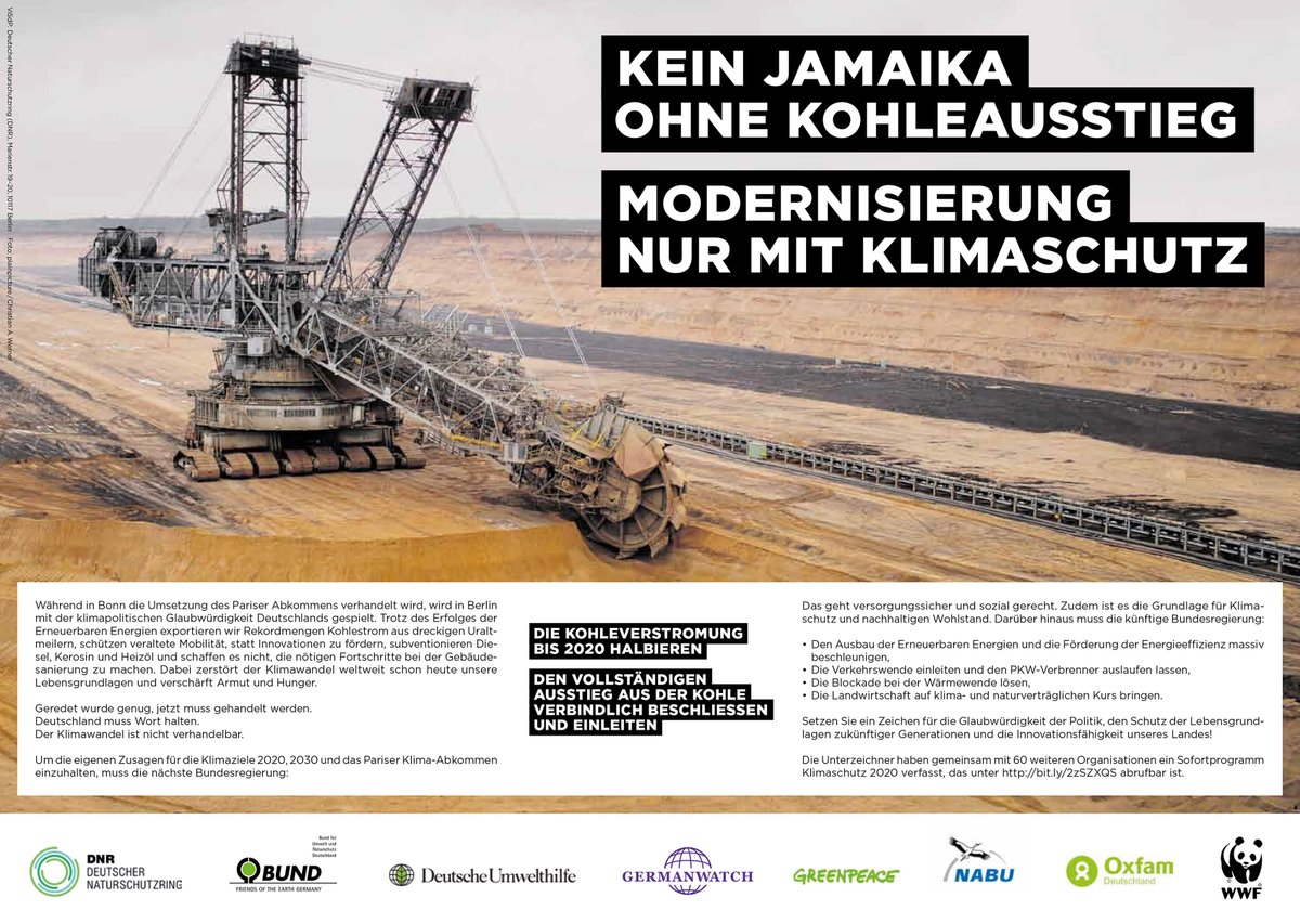 Keine #Jamaika-Koalition ohne #Kohleausstieg und Ausstieg aus dem #Verbrenner. NGOs fordern mehr #Klimaschutz von Jamaika-Parteien. Der #Klimawandel ist nicht verhandelbar. #EndCoal <a href="/CDU/">CDU Deutschlands</a> <a href="/fdp/">FDP</a> <a href="/Die_Gruenen/">BÜNDNIS 90/DIE GRÜNEN</a>